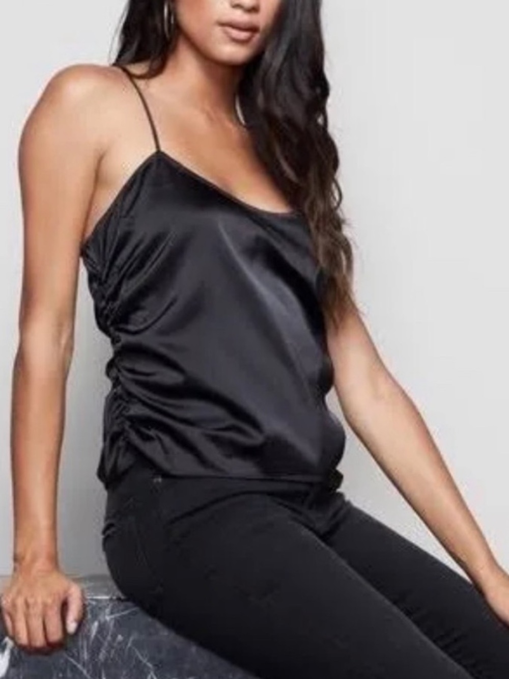 Good American Black Ruched Satin Cami with Thin adjustable Straps